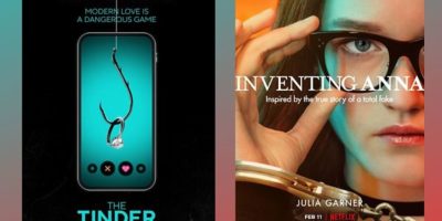 affiches du documentaire L'arnaqueur de Tinder et de la série inventing Anna