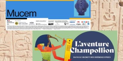affiches des expositions Pharaons superstars au Mucem et L'aventure Champollion à la BNF