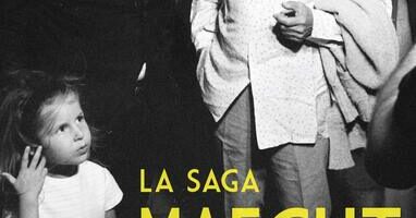 couverture du livre la saga Maeght représentant la petite Yoyo maeght lors d'un vernissage avec à ses côtés Prévert et Picasso