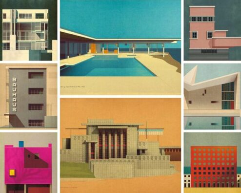dessins de Sander patelski illustrant les grandes créations d'architectes célèbres