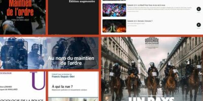 couvertures et affiches de livres, documentaires et podcasts étudiant la radicalisation des interventions de forces de police durant les manifestations