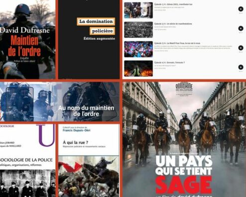 couvertures et affiches de livres, documentaires et podcasts étudiant la radicalisation des interventions de forces de police durant les manifestations