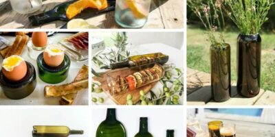 créations de la marque Plates et culotées qui transforme des bouteilles de vin usagées en pièces de vaisselle et en vases.