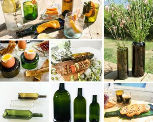 créations de la marque Plates et culotées qui transforme des bouteilles de vin usagées en pièces de vaisselle et en vases.