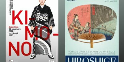 affiches des expositions dédiées aux kimonos et aux éventails par le musée du quai Branly et le musée Guimet