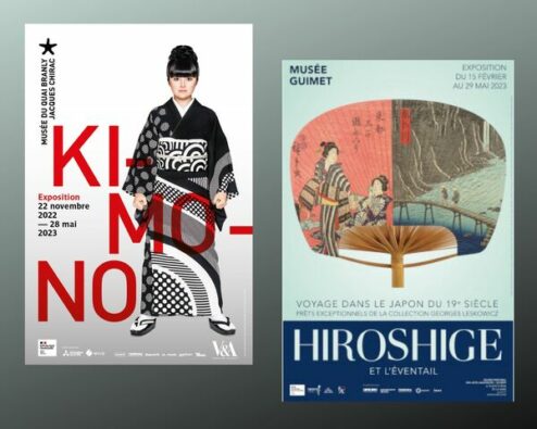 affiches des expositions dédiées aux kimonos et aux éventails par le musée du quai Branly et le musée Guimet