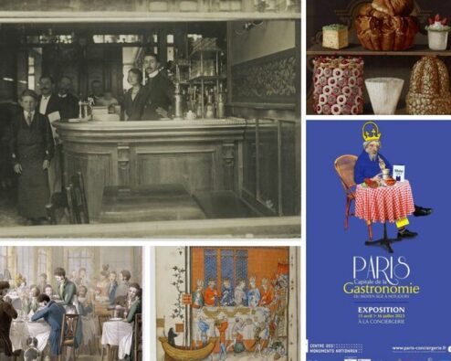 affiche et différentes pièces présentées dans l'exposition Paris capitale de la gastronomie" à la Conciergerie