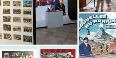 différentes vues de l'exposition Nouvelles du paradis – La carte postale de vacances au musée de la poste