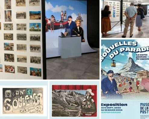 différentes vues de l'exposition Nouvelles du paradis – La carte postale de vacances au musée de la poste
