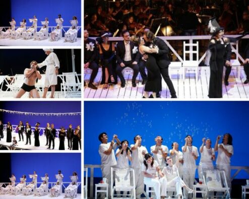 différentes vues de la mise en scène de l'opéra Il viaggio a reims de rossini