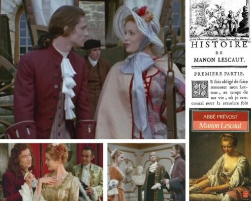 couvertures du livre Manon Lescaut et plusieurs scènes de l'adaptation en série télévisée
