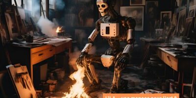 un robot dans un atelier d'artiste en train de brûler des tableaux