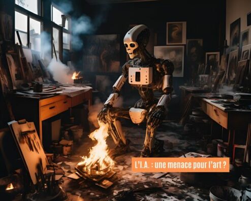 un robot dans un atelier d'artiste en train de brûler des tableaux