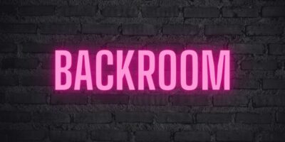 le terme backroom inscrit en néon rose sur un mur de briques noires