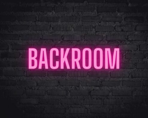 le terme backroom inscrit en néon rose sur un mur de briques noires