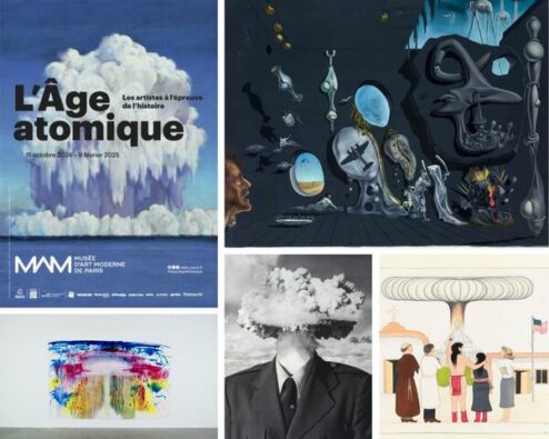 affiche et différentes oeuvres de l'exposition l'âge atomique au musée d'art moderne de paris