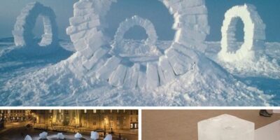 trois oeuvres d'art contemporain incluant la glace