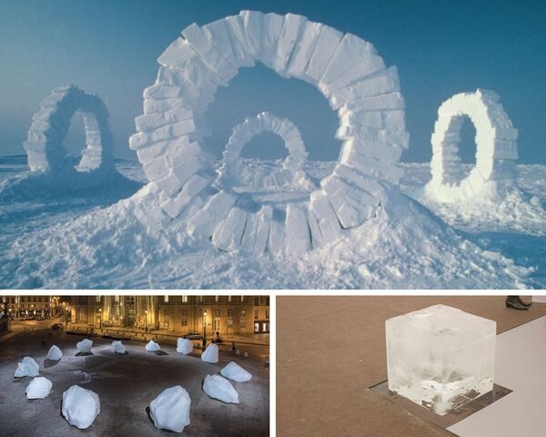 trois oeuvres d'art contemporain incluant la glace